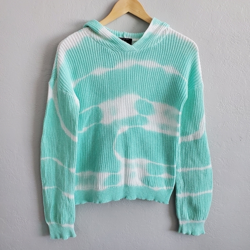 Its Our Time Youth Teal/Green Tie Dye Hooded Long Sleeve Knit Sweater Sz XL (16)